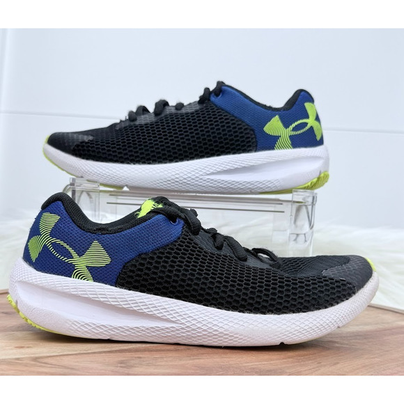 Under Armour UA BGS Charged Pursuit 2 Size 4Y Youth Black Blue Running Shoes - Picture 1 of 10